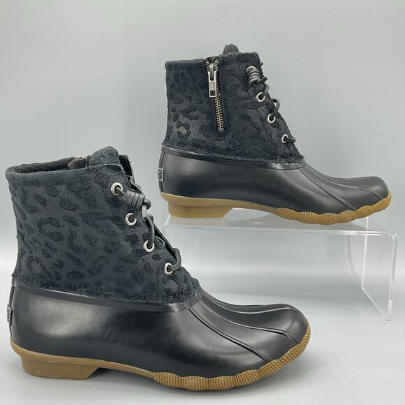 NEW Sperry Women’s Saltwater Cheetah Duck Boots Black Size 7.5 - Picture 1 of 10